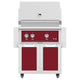 Freestanding gas grill with red control panel and red cabinet doors