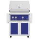 Freestanding gas grill with dark blue control panel and dark blue cabinet doors