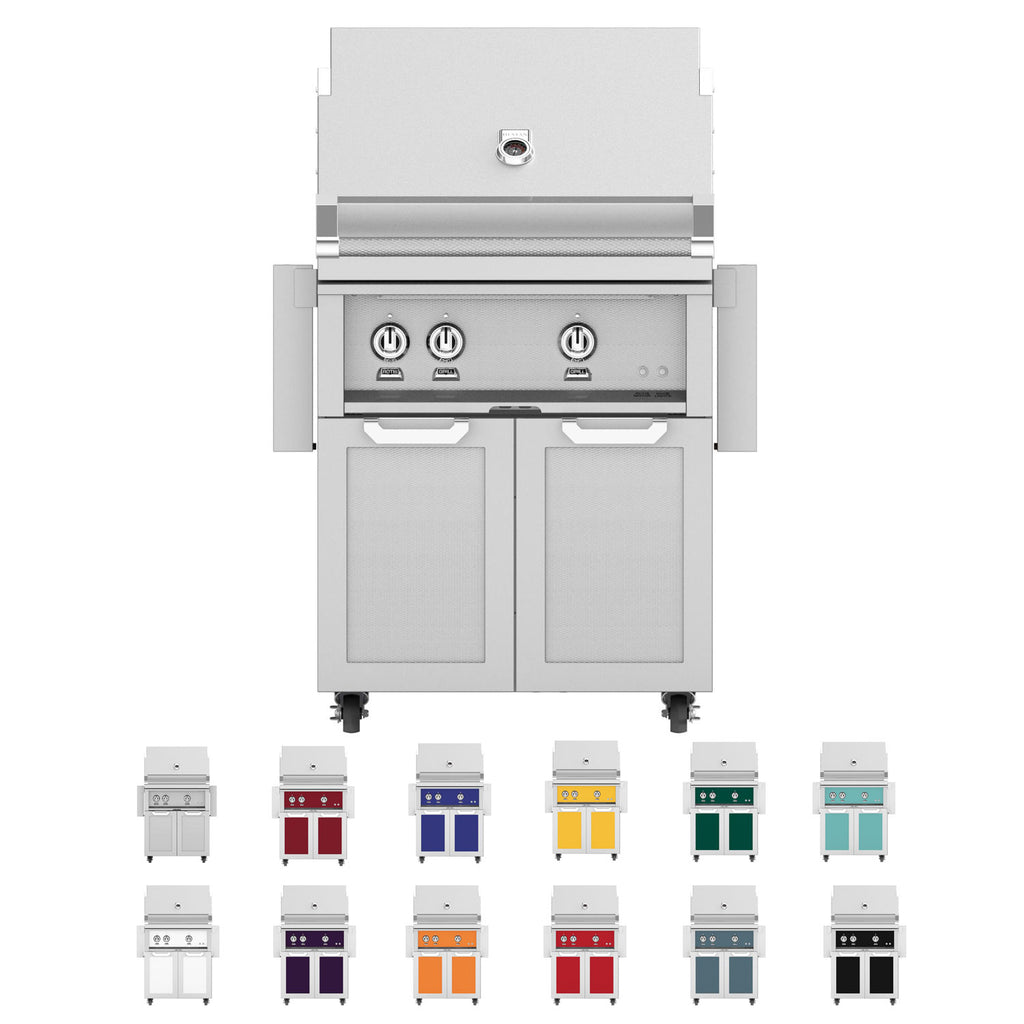 Hestan 30-inch freestanding gas grill with stainless control panel and two cabinet doors