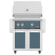 Freestanding gas grill with blue control panel and blue cabinet doors