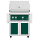 Freestanding gas grill with green control panel and green cabinet doors