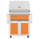 Freestanding gas grill with orange control panel and orange cabinet doors