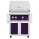 Freestanding gas grill with purple control panel and purple cabinet doors