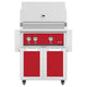Freestanding gas grill with red control panel and red cabinet doors