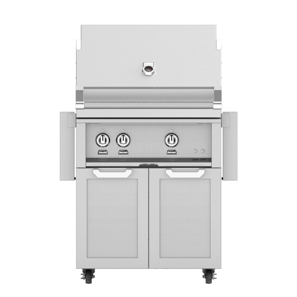 Freestanding stainless steel gas grill with four burners, two front doors, and knobs