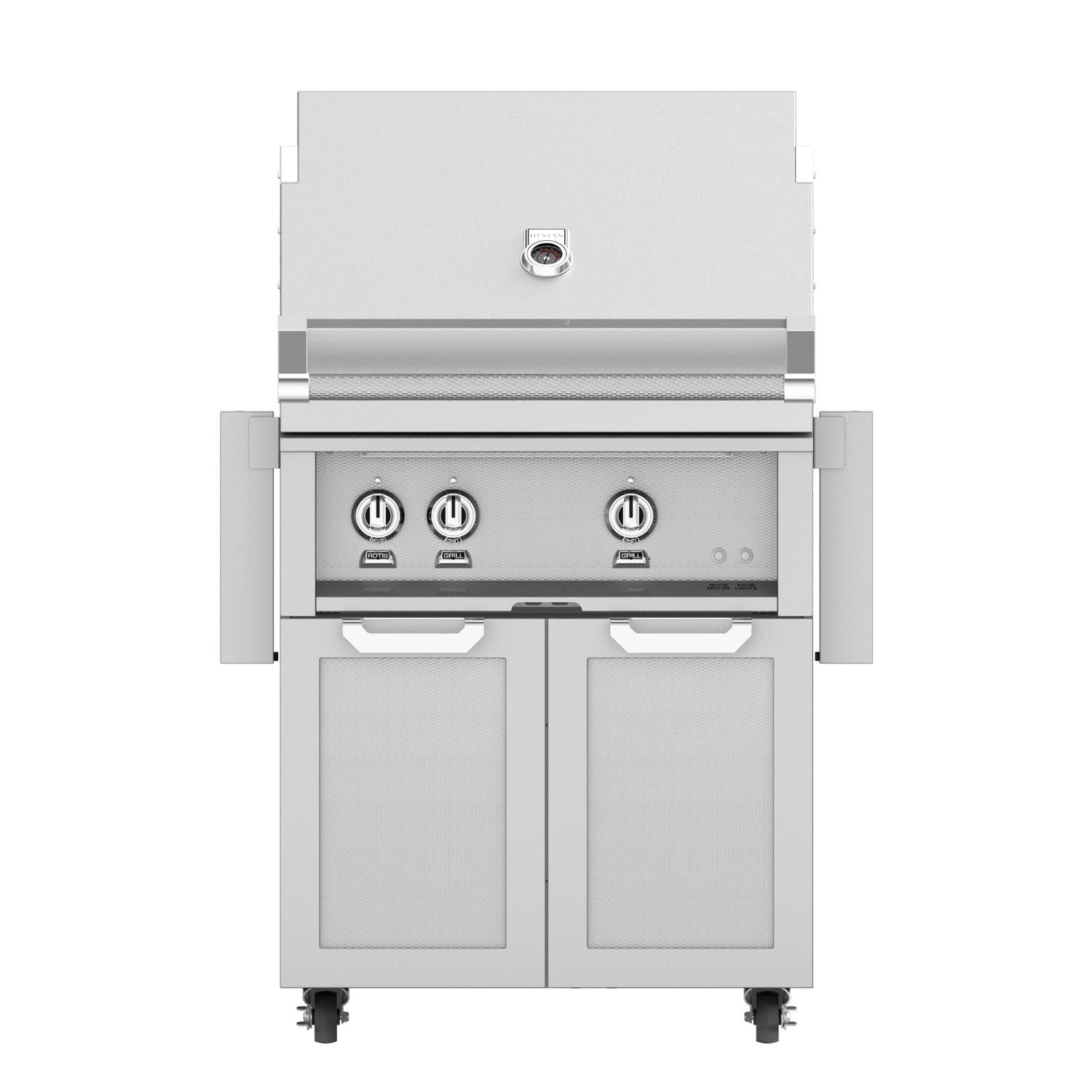 Freestanding stainless steel gas grill with four burners, two front doors, and knobs