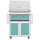 Freestanding gas grill with teal control panel and teal cabinet doors