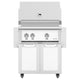 Freestanding 30-inch gas grill with stainless gray body, control panel and two doors