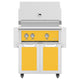 Freestanding gas grill with yellow control panel and yellow cabinet doors