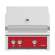 Built-in gas grill front panel with red control area and chrome control knobs.