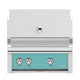 Built-in gas grill front panel with teal control area and chrome control knobs.
