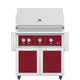 Freestanding gas grill with red control panel and two red cabinet doors.
