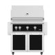 Freestanding gas grill with black control panel and two black cabinet doors.