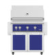 Freestanding gas grill with blue control panel and two blue cabinet doors.