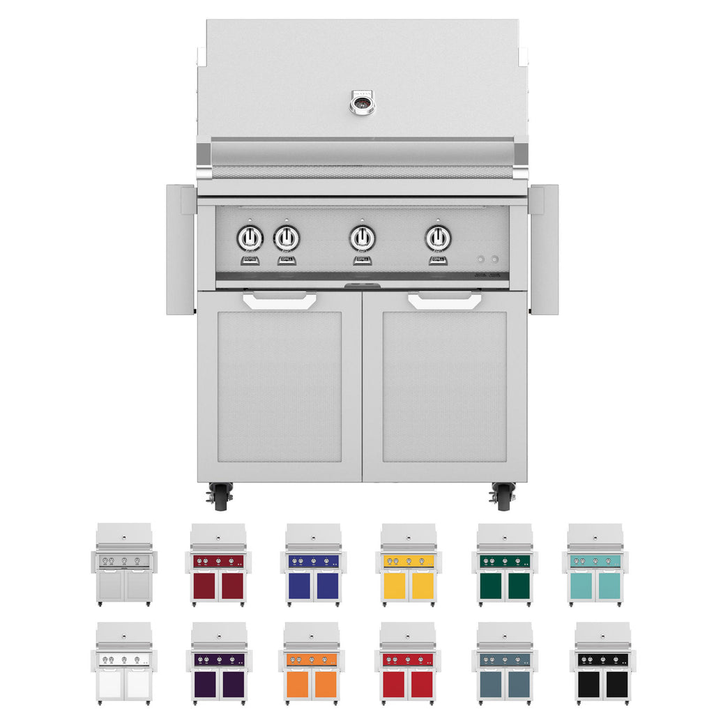 Freestanding gas grill with stainless front, control knobs, and two light gray cabinet doors.