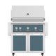 Freestanding gas grill with two cabinet doors and control panel, dark blue finish.