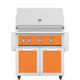 Freestanding gas grill with two cabinet doors and control panel, bright orange finish.