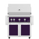 Freestanding gas grill with two cabinet doors and control panel, dark purple finish.