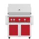 Freestanding gas grill with two cabinet doors and control panel, red finish.