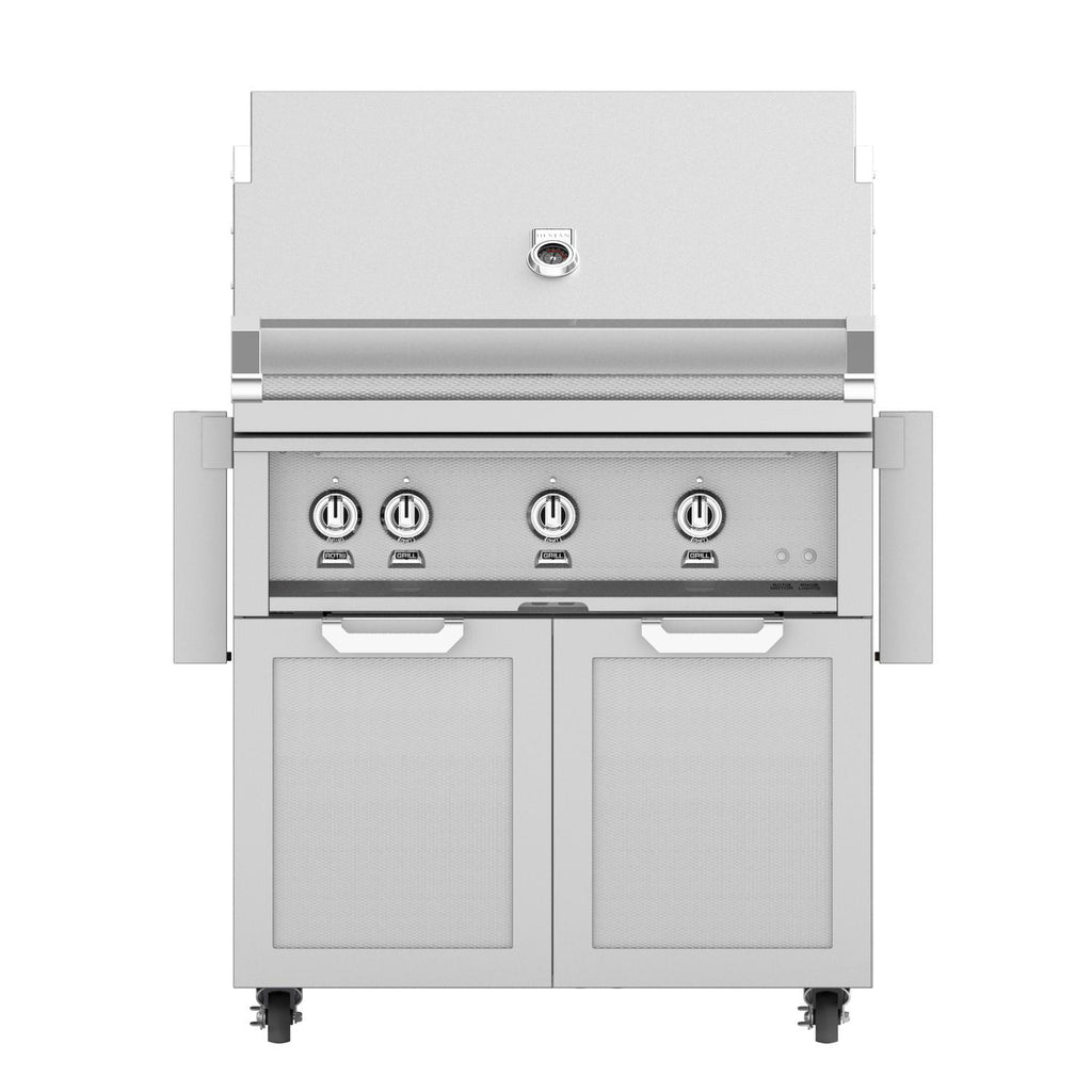 Freestanding gas grill with stainless lid, knob panel, and two light gray doors.