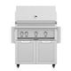 Freestanding gas grill with stainless lid, knob panel, and two light gray doors.