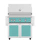 Freestanding gas grill with two cabinet doors and control panel, light teal finish.