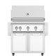 Freestanding gas grill with two cabinet doors and control panel, white finish.