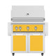 Freestanding gas grill with two cabinet doors and control panel, golden yellow finish.