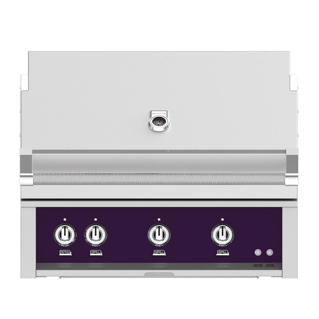 Built-in gas grill with stainless hood and purple control panel, four burner knobs.