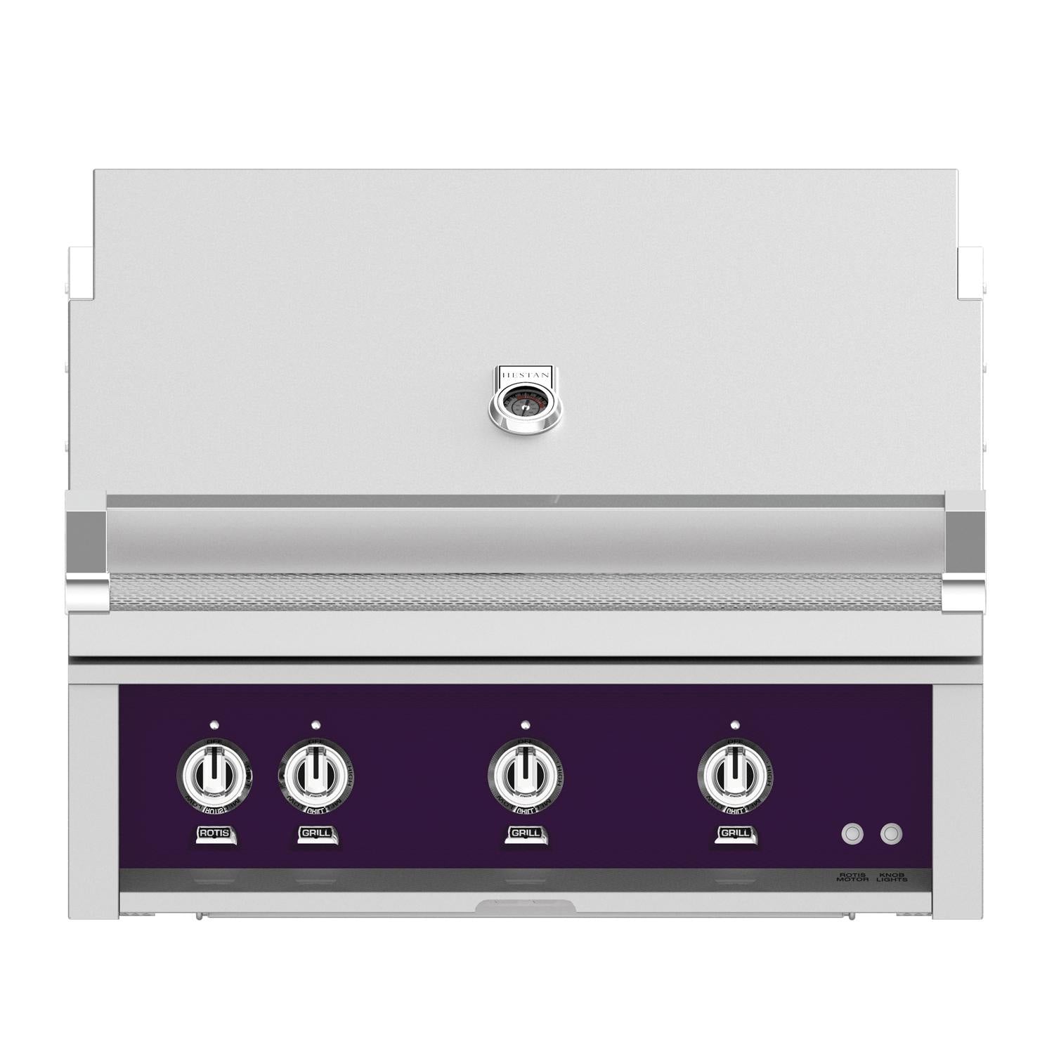 Built-in gas grill with stainless hood and purple control panel, four burner knobs.