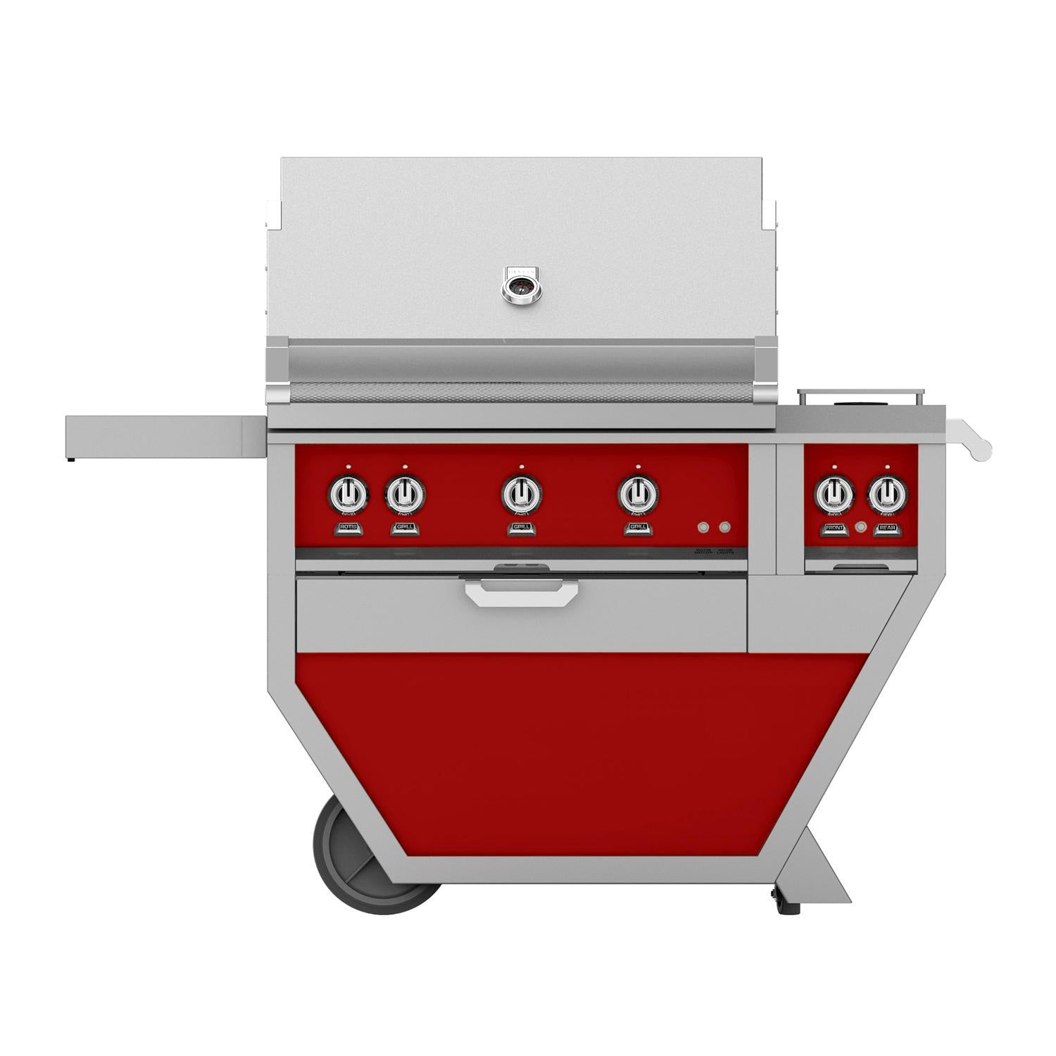 Freestanding 36-inch gas grill with red cabinet and red control panel