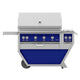 Freestanding gas grill with stainless hood and blue interior panel