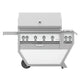 42-inch freestanding gas grill with stainless body, side shelf, and burner knob row