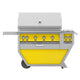 Freestanding gas grill with stainless hood and yellow interior panel