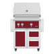 Freestanding gas grill with two drawers and double doors, red control panel