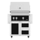 Freestanding gas grill with two drawers and double doors, dark control panel