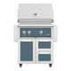Freestanding gas grill with two drawers and double doors, blue-gray control panel