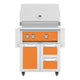 Freestanding gas grill with two drawers and door, stainless body and orange control panel