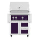 Freestanding gas grill with two drawers and double doors, purple control panel