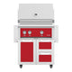 Freestanding stainless steel gas grill front with red control panel and two doors