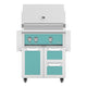 Freestanding gas grill with two drawers and double doors, teal control panel
