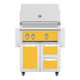 Freestanding gas grill with two drawers and double doors, yellow control panel
