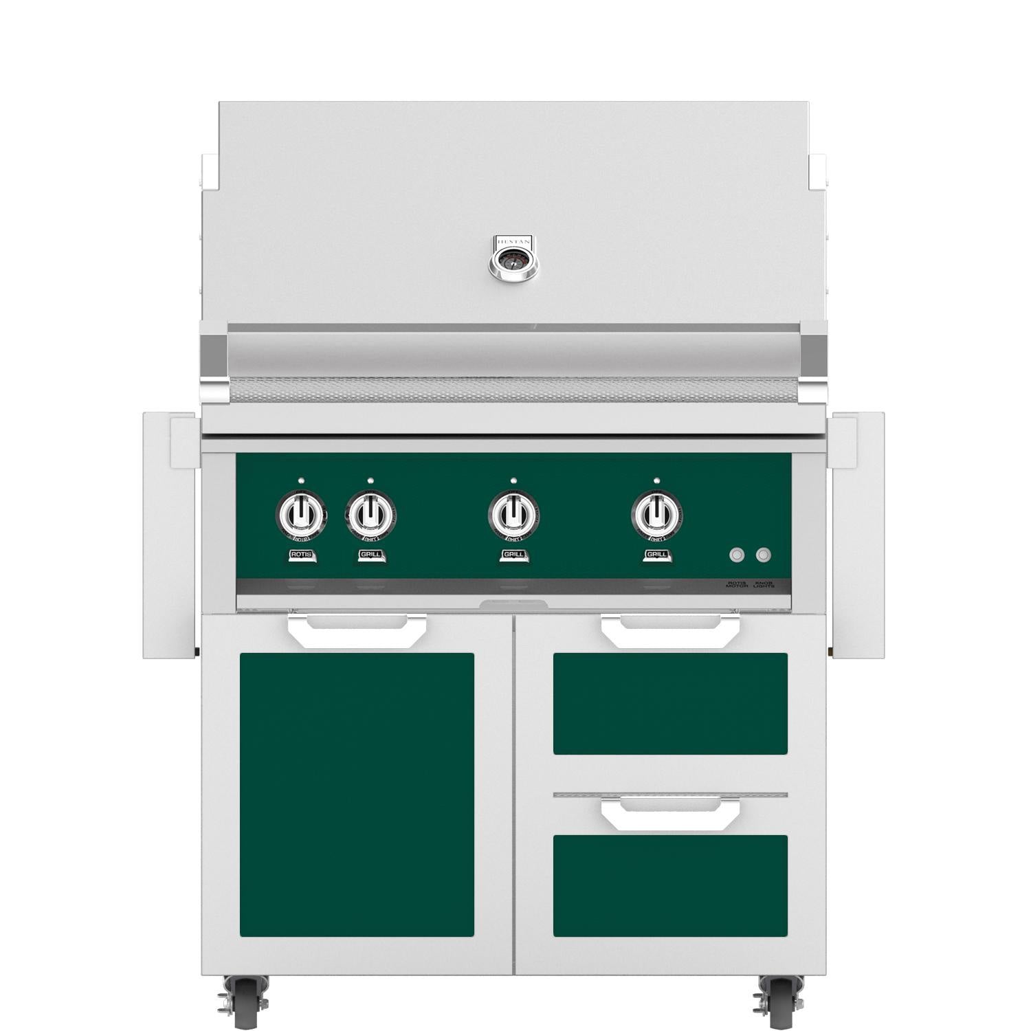 Freestanding gas grill front with green control panel and two cabinet drawers