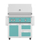 Freestanding gas grill front with teal control panel and two cabinet drawers