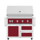 Freestanding gas grill with red control panel and two cabinet doors