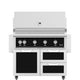 Freestanding gas grill with black control panel and two cabinet doors