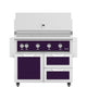 Freestanding gas grill with purple control panel and two cabinet doors
