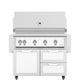 Freestanding gas grill with white control panel and two cabinet doors