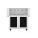 Double-door grill cart with open doors, black interior panels