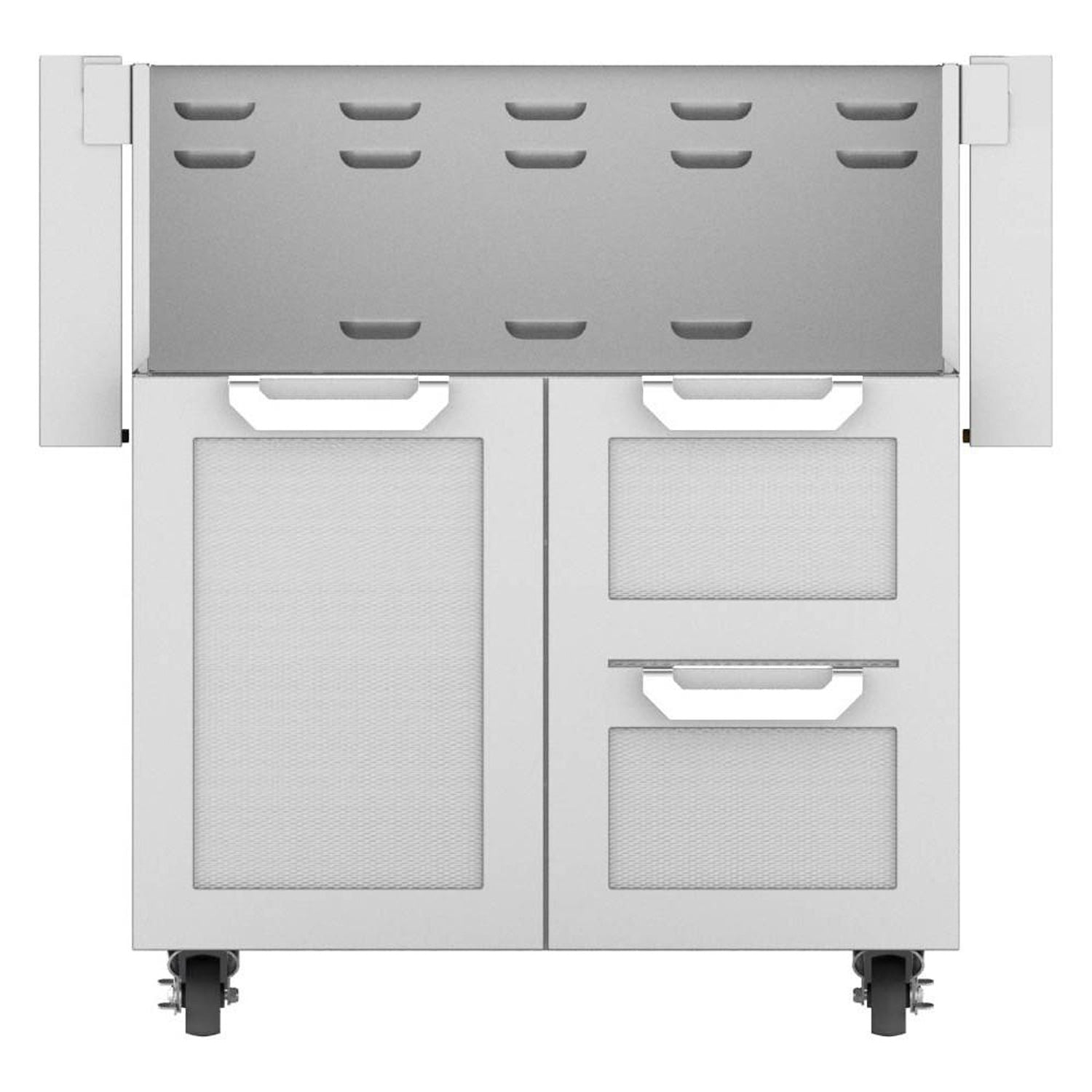 Stainless double drawer and door cart with two drawers and white panel inserts